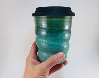 Twisty Travel Cup with Silicone Lid, Travel Coffee Cup with Lid, Reusable Silicone Lid, Pottery Travel Cup, Handmade, Forward Pottery