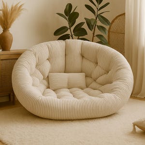 May include: A cream-colored, corduroy-style round chair with a matching rectangular pillow. The chair is in a room with a neutral color palette, a fluffy rug, and a wooden cabinet. The chair is a cozy seating option.