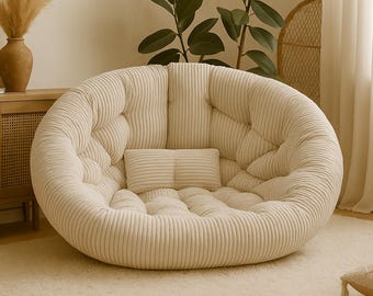 LIMITED OFFER – Luxury Cream Papasan Chair – Oversized Corduroy Lounge Chair, Modern Boho Armchair, Cozy Designer Living Room Chair