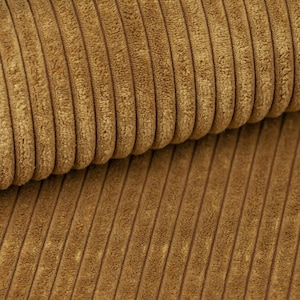 May include: Close-up of a section of brown corduroy fabric. The fabric has a ribbed texture with vertical ridges and a soft, velvety appearance. The color is a warm, earthy tone.
