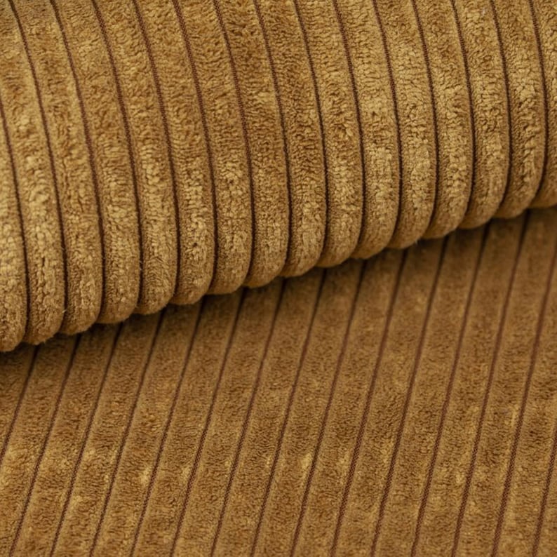 May include: Close-up of a section of brown corduroy fabric. The fabric has a ribbed texture with vertical ridges and a soft, velvety appearance. The color is a warm, earthy tone.