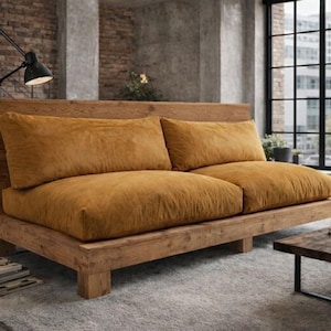 Op de afbeelding: Een tweezitsbank met een houten frame en mosterdkleurige kussens. De bank staat in een kamer met een groot raam, een zwarte lamp en een kleine houten salontafel. De afmetingen van de bank zijn ongeveer 183 cm breed en 91 cm diep.