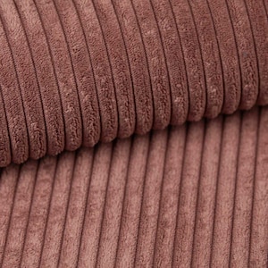 May include: Close-up of a section of brown corduroy fabric. The fabric has a ribbed texture with vertical lines. The color is a muted, earthy brown, and the fabric appears soft and plush.