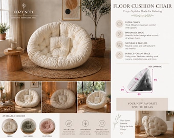Floor Cushion Chair | Cozy Papasan Style Seat | Large Tufted Lounge Cushion | Boho Minimalist Floor Sofa | Meditation Chair | Handmade Look