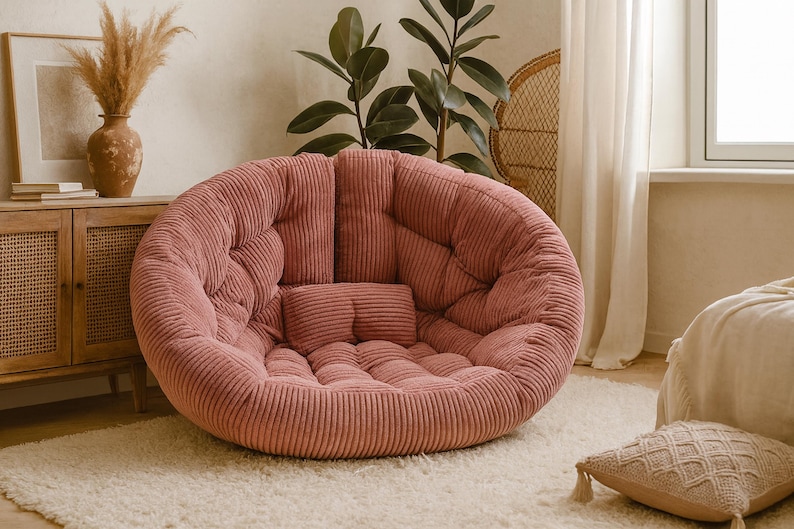 May include: A large, round, dusty rose corduroy floor chair with a matching small pillow. The chair is on a cream-colored rug. A wooden cabinet, framed artwork, and plants are in the background, creating a cozy, inviting atmosphere.