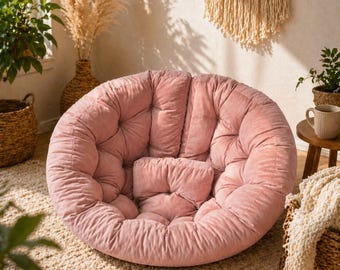 Floor Cushion Chair | Large Round Papasan Cushion | Soft Pink Lounge Seat | Boho Floor Chair | Cozy Reading Chair | Meditation Seat