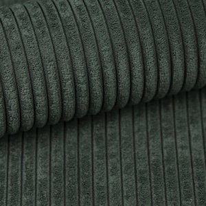 May include: Close-up of a textured, dark teal corduroy fabric. The fabric has vertical ridges and a soft, plush appearance. The color is a deep, muted green-blue, with subtle variations in tone.