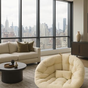May include: A modern living room with a large window overlooking a cityscape. The room features a cream-colored sofa with olive green pillows, a round black coffee table, and a corduroy armchair. A wooden cabinet and a beige rug complete the decor.