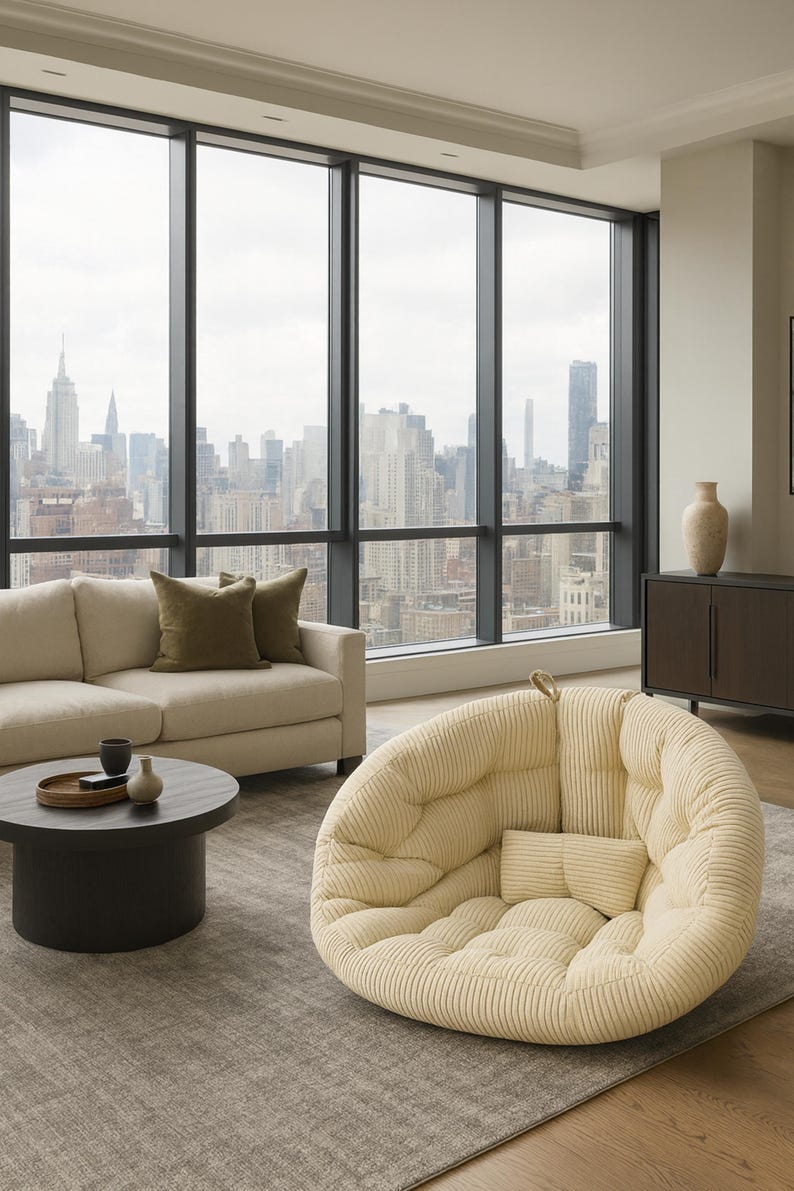 May include: A modern living room with a large window overlooking a cityscape. The room features a cream-colored sofa with olive green pillows, a round black coffee table, and a corduroy armchair. A wooden cabinet and a beige rug complete the decor.