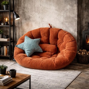 May include: An orange corduroy floor chair with a round shape and tufted design. A light blue star-shaped pillow rests on the chair. The chair is in a living room setting with a rug, side table, and a bookshelf.