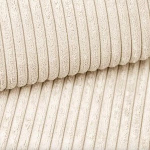 May include: Close-up of a beige corduroy fabric with vertical ridges. The fabric has a soft, textured appearance and a neutral color, suitable for various textile projects. The ridges create a pattern of light and shadow.