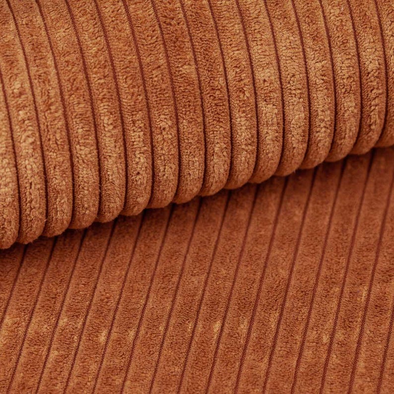 May include: Close-up of a section of brown corduroy fabric. The fabric has a ribbed texture with vertical ridges and a soft, plush appearance. The color is a warm, earthy tone.