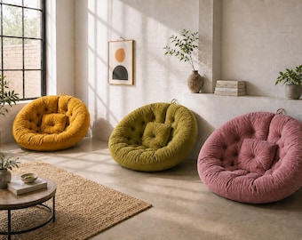 Sillón con cojín de suelo / Asiento acogedor estilo Papasan / Cojín grande capitoné / Sofá de suelo minimalista bohemio / Silla de meditación / Aspecto artesanal