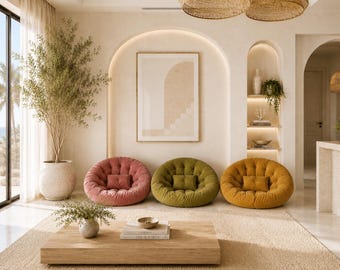 Poltrona con cuscino da pavimento / Comoda seduta in stile Papasan / Ampio cuscino lounge trapuntato / Divano da pavimento minimalista boho / Sedia da meditazione / Aspetto artigianale