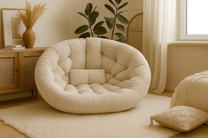 May include: A cream-coloured, corduroy-style round chair with a matching rectangular cushion. The chair is in a room with a neutral colour palette, a fluffy rug, and a wooden cabinet. The chair is a cosy seating option.