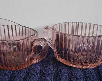 Pink Depression Oval Creamer & Sugar "Queen Mary"  Vertical Ribbed.