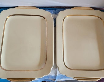 Set of 2 Homer Laughlin Century Riviera Rectangular Handled Platter Ivory Gold