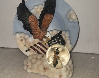 Vintage Bald Eagle Plate W/ Stand And American Flag.
