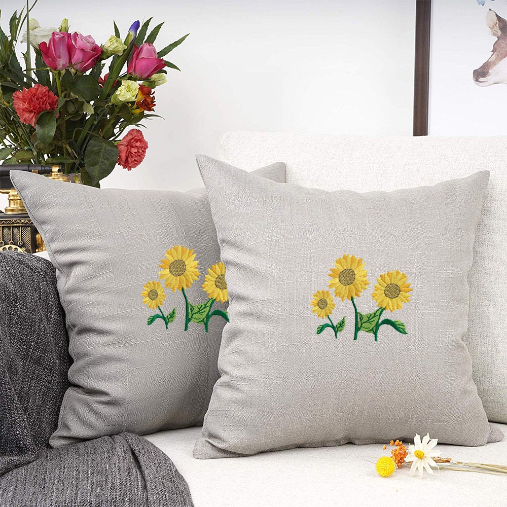 Embroidery Sunflower Cotton Linen Pillow Case Zipper Pillow Etsy