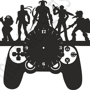 May include: Black and white silhouette clock with a video game controller design. The clock face features a video game character theme with a clock face and numbers.