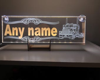 Personalized Name Plate For Truck Cabin - 30x10 Cm Engraved USB LED Light - 7 Colors