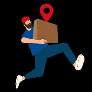 Puede incluir: Ilustración de un repartidor con camisa azul, gorra roja y zapatos blancos, llevando un paquete marrón. Un marcador de ubicación rojo flota sobre el paquete, lo que sugiere un servicio de entrega o envío.