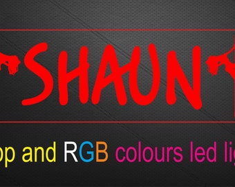 May include: Red neon sign with the name "SHAUN" in bold red letters. The sign is framed with a red outline and features two silhouettes of people on poles on either side of the name. The text "App and RGB colours led light" is written below the sign.