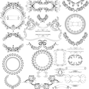 May include: A set of 25 black and white vintage style decorative frames and borders. The frames are ornate and feature swirls, flourishes, and floral designs.
