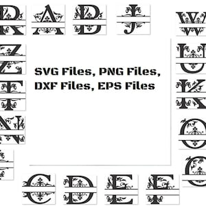 May include: A set of 26 alphabet letters with decorative flourishes, each letter is split in half with a horizontal line. The letters are in black and white. SVG Files, PNG Files, DXF Files, EPS Files.