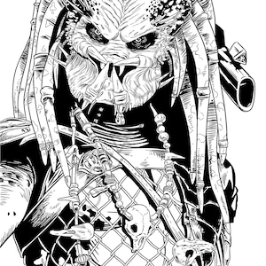 May include: Black and white line art illustration of a Predator, a fictional alien hunter. The Predator is wearing a mask with dreadlocks and a chainmail-like chest piece. The Predator is holding a weapon in its right hand.