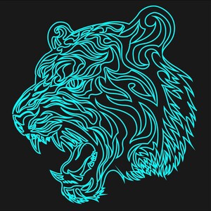 Puede incluir: Una ilustración de línea azul de la cabeza de un tigre con la boca abierta y dientes afilados. La piel del tigre se representa con intrincados patrones.