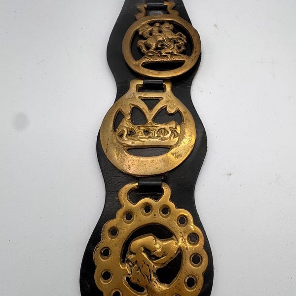 Vintage Horse Brasses on Leather Strap | Equestrian Brass Decor | Rustic Wall Display