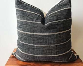 PAROS 20x20 Black Peppercorn and Cream Striped Handmade Square Pillow Cover