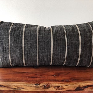 PAROS 12x24 Black Peppercorn and Cream Striped Handmade Rectangle Lumbar Pillow Cover