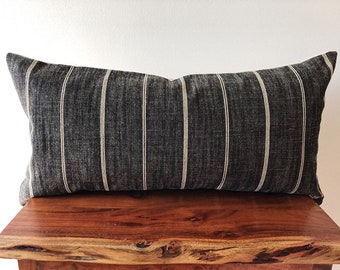 PAROS 12x24 Black Peppercorn and Cream Striped Handmade Rectangle Lumbar Pillow Cover