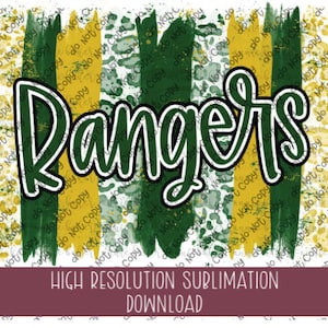 May include: Green and gold digital sublimation design with the word "Rangers" in a green and white font. The design features a brushstroke pattern and a leopard print.