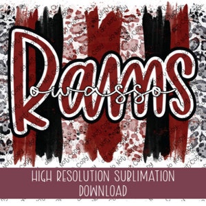 May include: A sublimation design featuring the word "Rams" in red with a white outline. The background is a mix of red, black, and white stripes with a leopard print pattern.