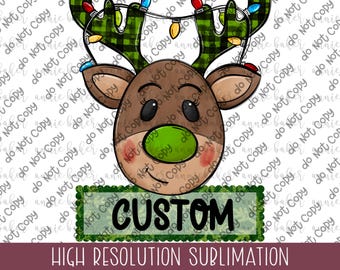 May include: A cartoon reindeer with a green and black plaid pattern on its antlers. The reindeer has a red nose and is wearing a string of Christmas lights. The text "CUSTOM" is written on a green banner below the reindeer.