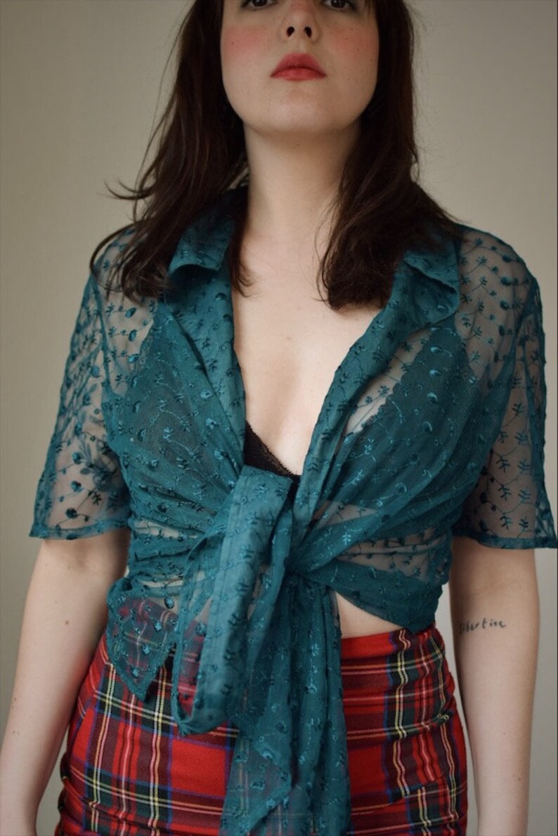 Vintage Sheer Floral Blouse Green See Through Top Tie Front Blouse