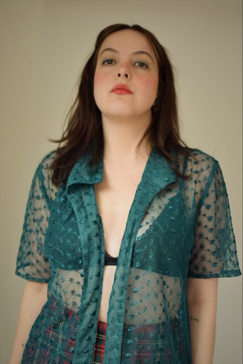 Vintage Sheer Floral Blouse Green See Through Top Tie Front Blouse