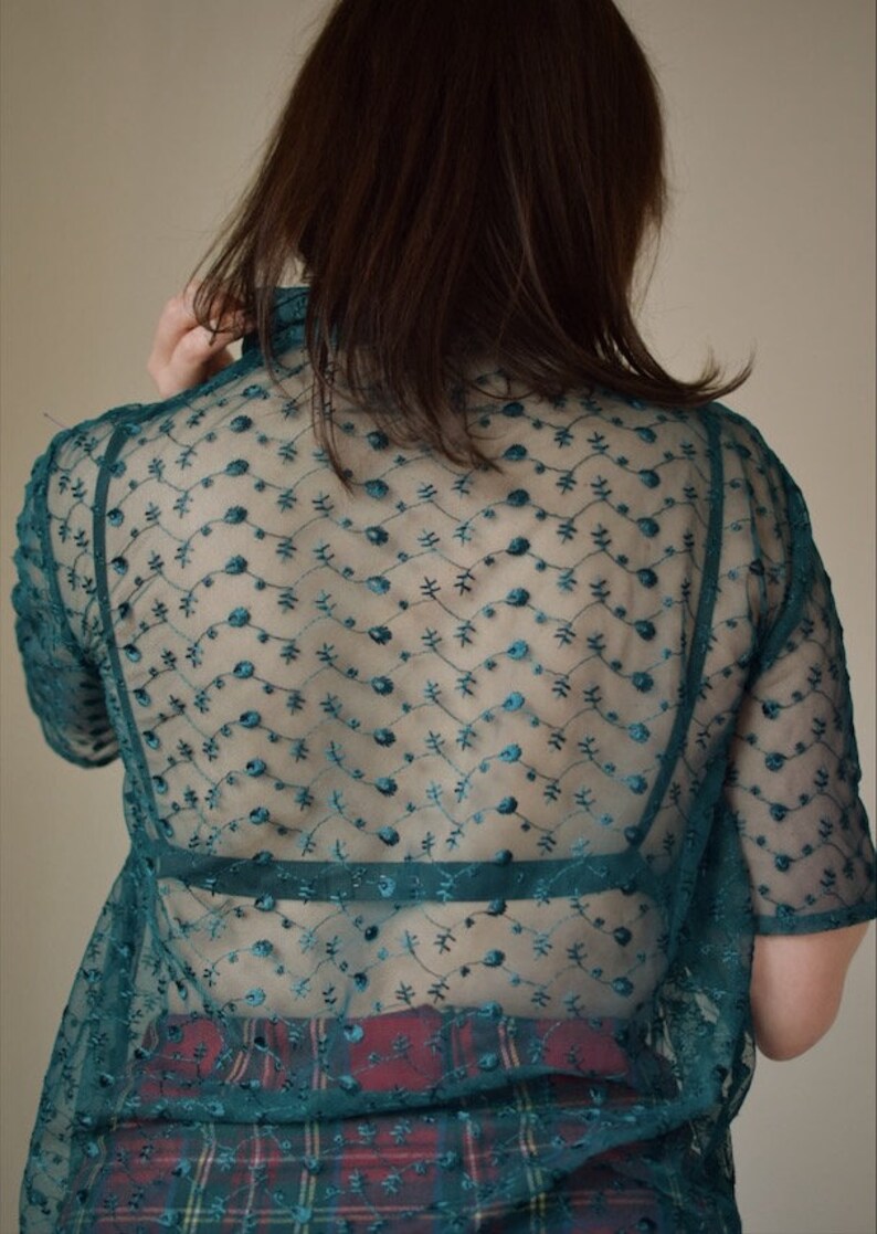 Vintage Sheer Floral Blouse Green See Through Top Tie Front Blouse
