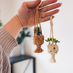 Mini macrame hanging plant, handmade keychain, office cubicle decor, rear view mirror accessories, gift for her, plant lover, plant mom