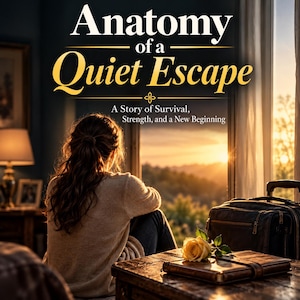 Op de afbeelding: Een boekomslag met de titel Anatomy of a Quiet Escape: A Story of Survival, Strength, and a New Beginning. Het toont een persoon van achteren die bij zonsondergang uit een raam kijkt, met een gele roos en een lederen koffer.