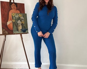 Vintage Two Piece Set 1970s Miss Holly + Bright Blue + Size 12 + Sweater Set + Arm Button Detailing + Acrylic + Pull on Bottoms + Womens