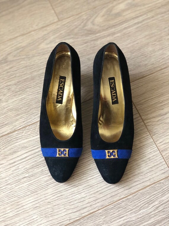 Vintage Escada Black / Blue Suede Shoes - Size 36