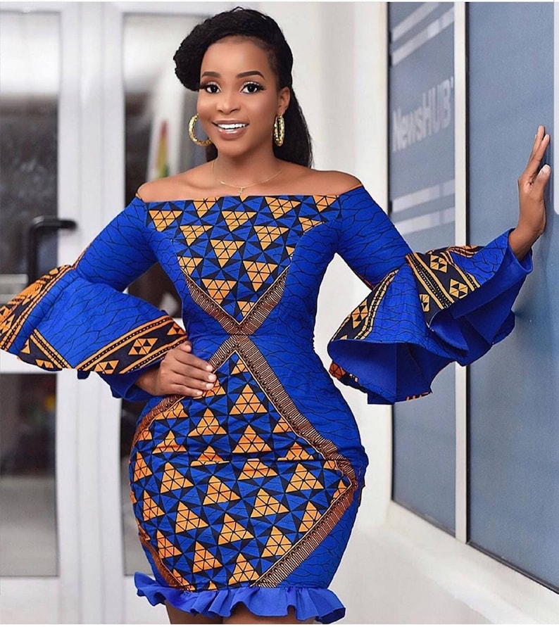 African Print Mini Dress Off Shoulder Dress African Clothing Ankara Dress Ankara Party dress flare sleeves