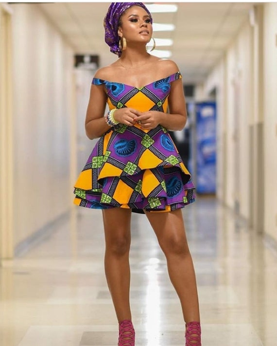 African Print Mini Dress / Off Shoulder 