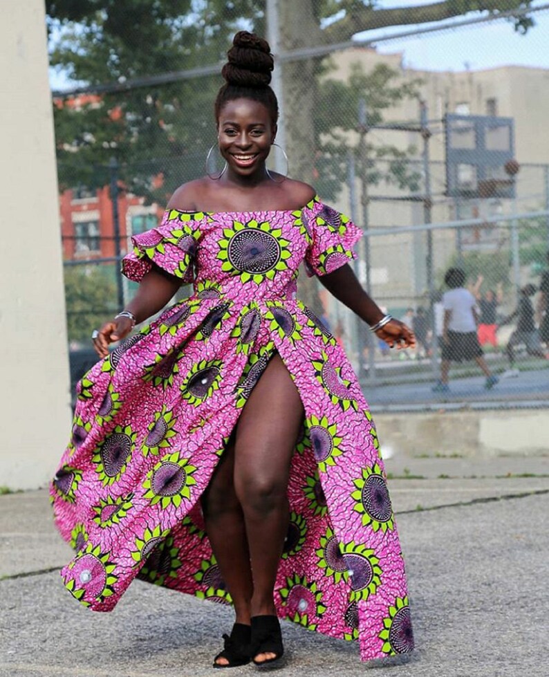 African Print Maxi Dress With Thigh 