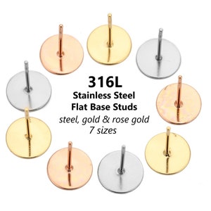 May include: Seven different sizes of 316L stainless steel flat base studs in silver, gold, and rose gold.
