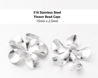 50pcs - 15x2.5mm, 316 stainless steel, flower bead caps, surgical stainless steel, earring, necklace, finding, jewelry making, DIY, craft